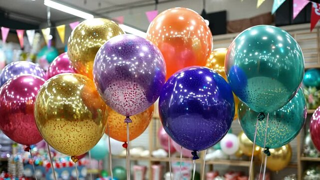 Colorful balloons in a festive store setting, surrounded by decorations and gifts