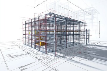 Complex wireframe building model overlaying architectural plans