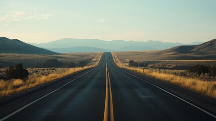 Fototapeta premium Long, straight highway vanishing into distant mountains under a clear sky.