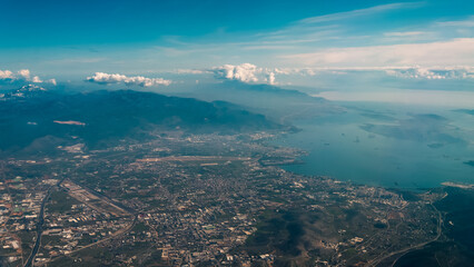 view from the plane window to Greece Athens and the Aegean Sea