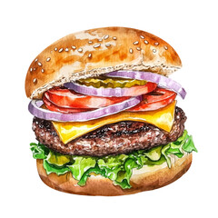 Burger, top angle view. Watercolor illustration of traditional american food with beef patty. Isolated clipart with clear even edge on transparent background