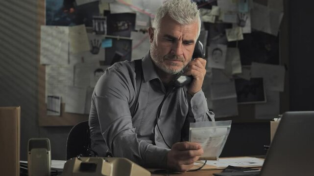 police officer speaking at the telephone in office,caucasian male detective sitting at the desk talking at the phone