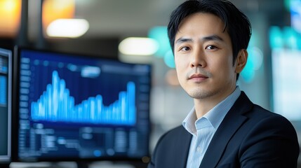 Professional man in suit analyzing data on computer screen with financial graphs in a modern office setting.