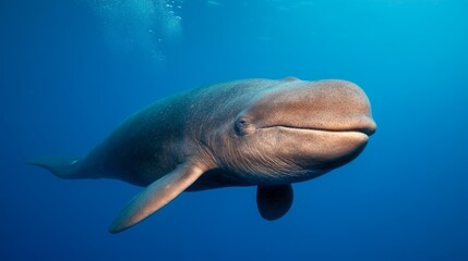 Naklejka premium Close encounter with a narwhal swimming gracefully in the ocean under clear blue waters