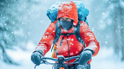 Mountain biker cycling in snowy forest during winter wearing warm clothing and face mask