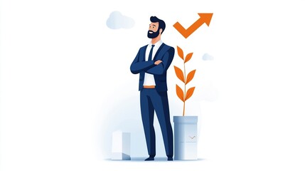 Obraz premium A businessman stands confidently with a growing plant and upward arrow, symbolizing growth and success.