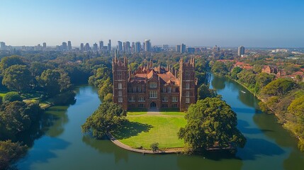 Obraz premium Brick building surrounded by water, green space, and distant city skyline