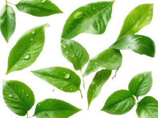 A set of vibrant green leaves with tiny dew droplets, isolated on a transparent background for eco-friendly and organic designs.