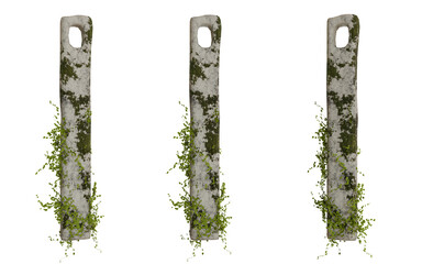 Three weathered stone pillars adorned with overgrown foliage