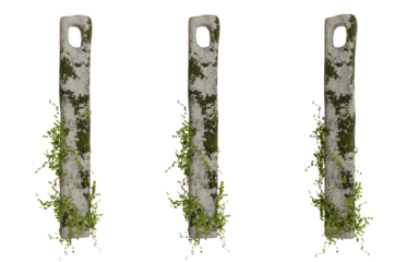 Three weathered stone pillars adorned with overgrown foliage