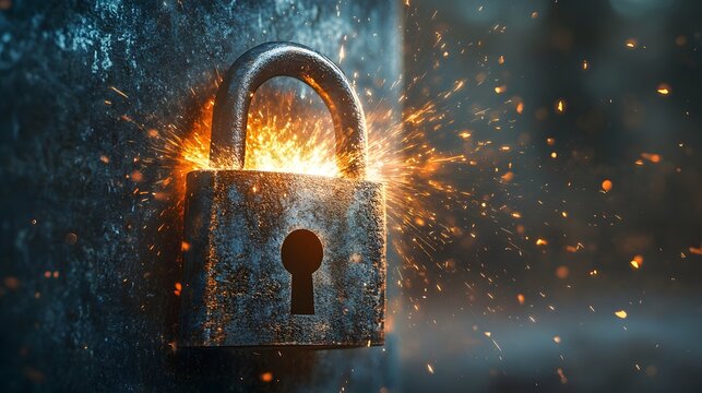 Rusty padlock explodes with sparks on dark metal