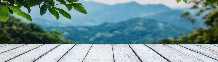 serene wooden plank path overlooks lush green mountains, creating peaceful atmosphere in nature