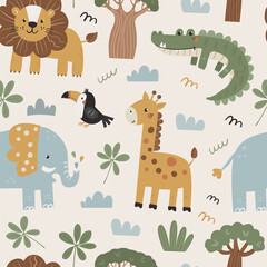 Seamless childish pattern with cute African animals.