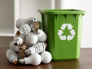 A stack of used lightbulbs next to a recycling bin, ready for disposal - waste green household discarded
