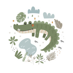 Vector round poster with cute crocodile inside, leaves and branches