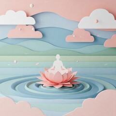 Layered paper-cut style illustration of a person meditating on a pink lotus flower in water.

