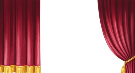 Grand Stage Curtains - Elegant crimson stage curtains with gold trim, parted to reveal a bright white background. Ideal for theatrical or performance presentations