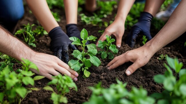 Several people collaboratively planting young green seedlings in soil