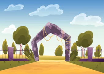 Selbstklebende Fototapeten Zoo Zoo entrance gates with stone arch. Zoological garden for wild animals with green bushes and trees. Vector illustration in cartoon style  © the8monkey
