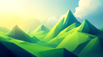 Low poly green mountain landscape at sunrise.