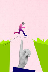 Creative trend artwork design collage sketch of headless man body run jump edge cliff big hand...