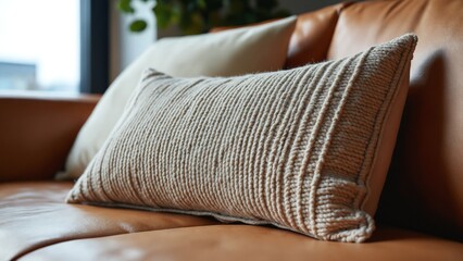 Textured decorative pillow on a tan leather couch showcasing modern interior design and cozy home atmosphere in a well-lit living space