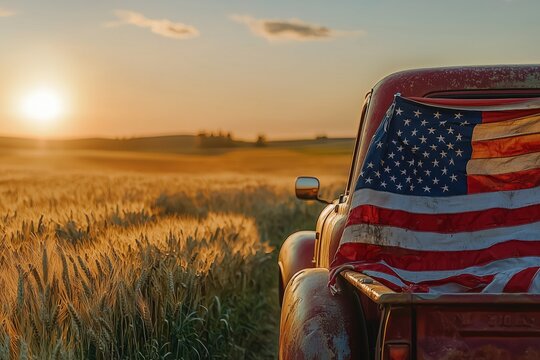 Vintage pickup truck with American flag draped over it parking near wheat field, sunset or sunset time. 4th of July wallpaper, Independence Day background, poster, patriotic banner