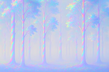 Enchanted forest with pastel colored trees in a dreamy fog  
