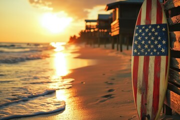 Golden sunset reflecting on the sand and sea, surfboard with American flag painted on it, sitting by beach shack. USA patriotic background, wallpaper, poster, banner