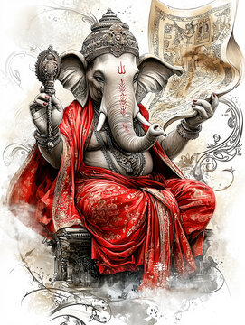 Artistic illustration of the Hindu god Ganesha seated, holding a sacred scroll and symbolic object.