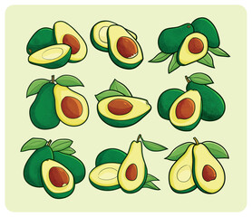 Funny fresh green avocado cartoon illustration set