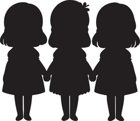 silhouette of three little girl standing with holding hand of each other vector art illustration