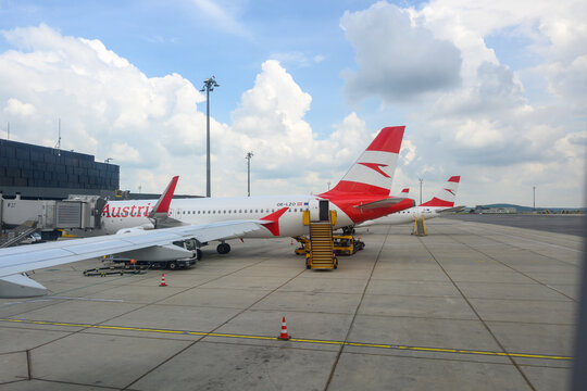 Vienna, Austria - August 06, 2023: Austrian Airlines Airbus A320 with the call sign OE-LZO and Embraer 195 with the Call Sign OW-LWE at Vienna Airport