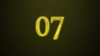 Neon glowing yellow number of 07 on dark background.