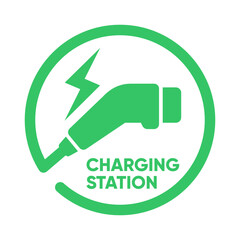 Plug icon symbol and electric car station, hybrid vehicle charging point logo. Green energy and eco-friendly car concept, charger connector and charging station icon. vector illustration