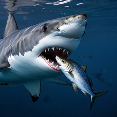 Naklejka premium Fierce significant white shark attacks prey with mouth wide open in the deep blue sea.