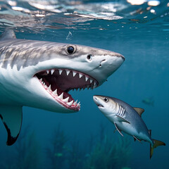 Naklejka premium Fierce significant white shark attacks prey with mouth wide open in the deep blue sea.