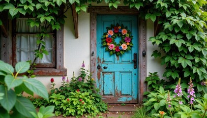 Floral wreath on a weathered wooden door with overgrown plants surrounding it , floral, grunge