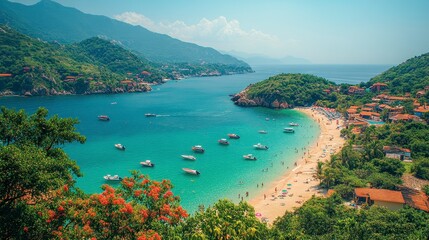 Fototapeta premium Coastline bay with beach and boats. Lush mountains & clear water surround