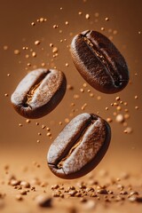 four coffee beans flying in the air,