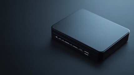 A modern external hard disk with a sleek black finish, placed on a clean dark gray background 