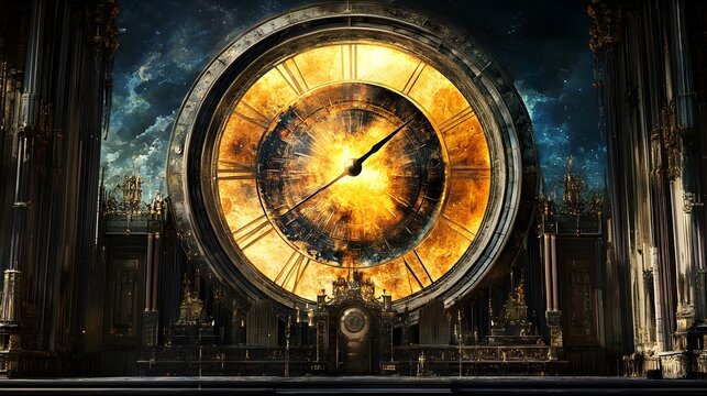 Grand antique clock face, time-bending, ornate hall - Powered by Adobe