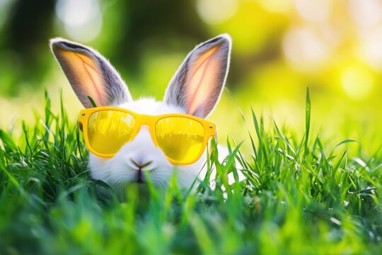 A cute bunny in yellow sunglasses, playfully peeking out from a patch of fresh green grass, celebrating the cheerful vibes of Easter."
