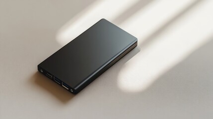 A portable external hard disk with a minimal design, placed on a soft white background 