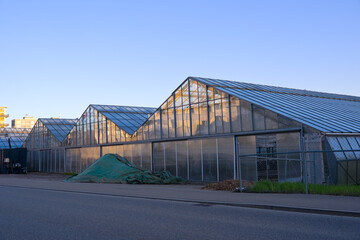 Obraz premium Scenic view of greenhouses at Swiss City of Zürich on a sunny spring morning. Photo taken April 7th, 2025, Zurich Dübendorf, Switzerland.