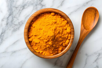 Top View Bright Yellow Turmeric Spice, Herbal Powder on Marble Background