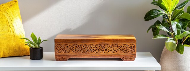 Rustic Wooden Box with Intricate Carvings on a Bright Surface