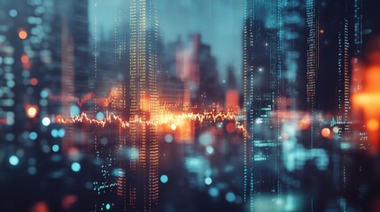 Glowing Business Chart Over Blurry City Skyline at Dusk