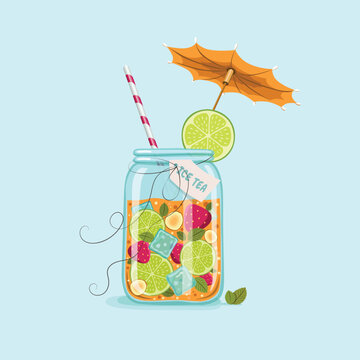 Bright illustration with ice fruit tea or cocktail in a jar with a straw and umbrella.