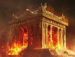 Fototapeta premium Inferno engulfs golden temple, a vision of fiery destruction and chaos